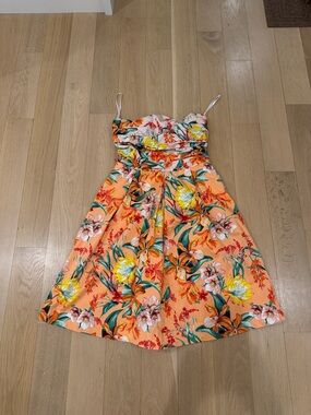 White House Black Market Beige Textured Strap Top with Orange Floral Trim